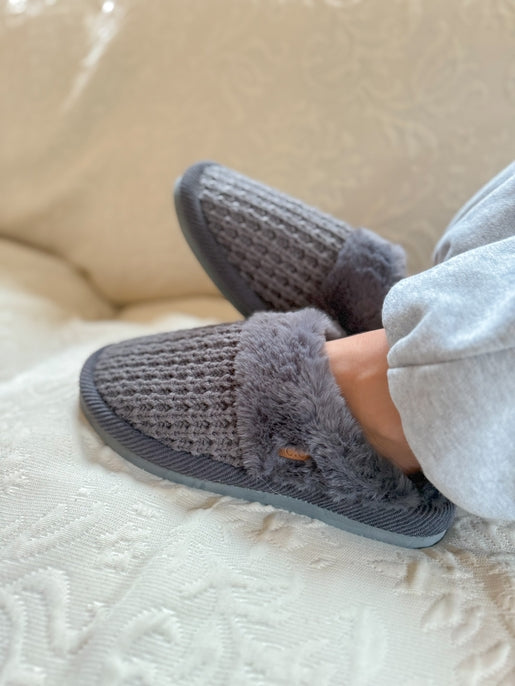 Waffle Knit Faux Fur Slippers