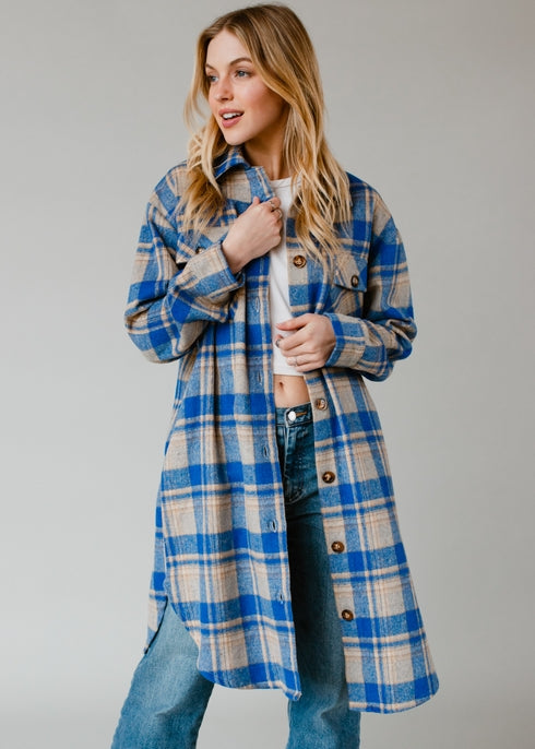 Royal Blue & Tan Plaid Long Flannel