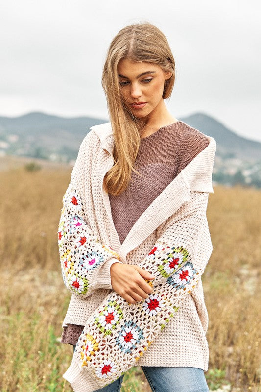 Crochet Floral Printed Knit Cardigan