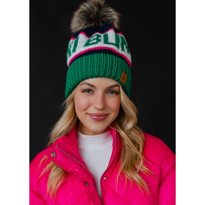 Green, Navy & Pink Ski Bum Pom Hat