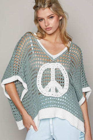 Oversize V-Neck Short Sleeve Peace Sign Sweater