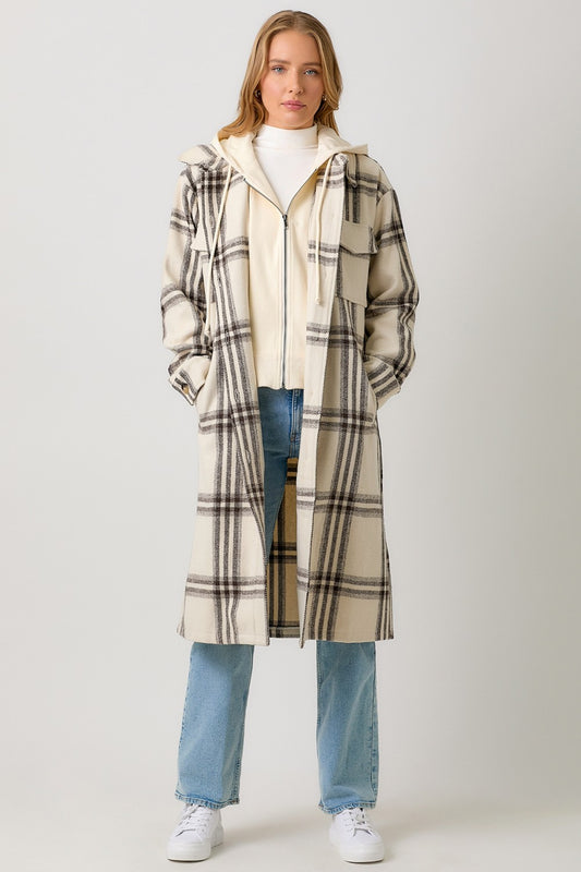 Twofer Hoodie Plaid Long Jacket