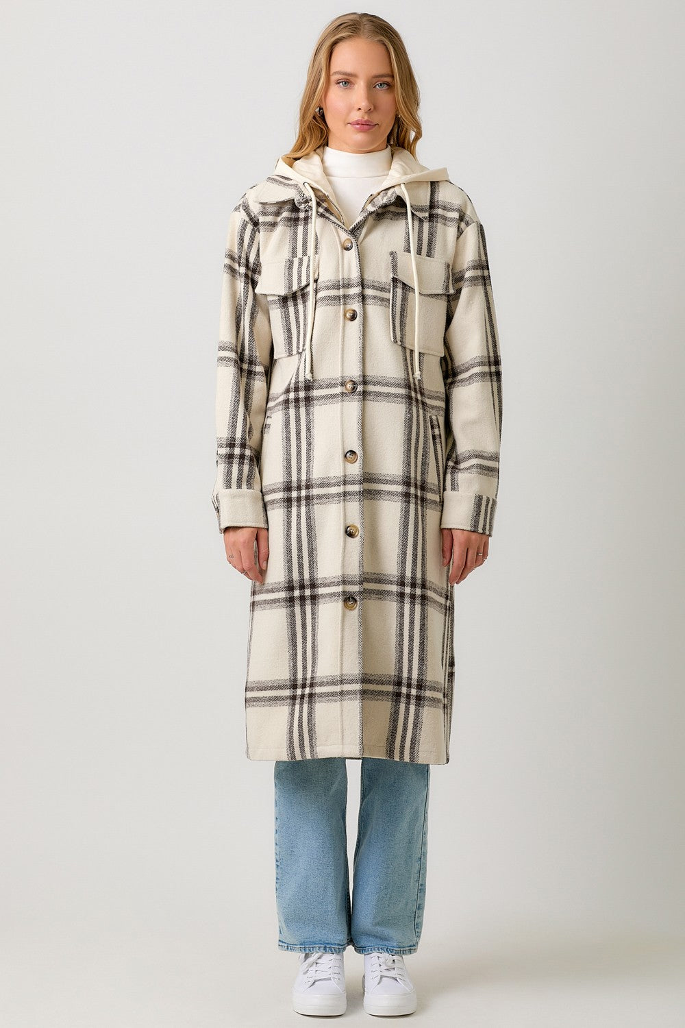 Twofer Hoodie Plaid Long Jacket