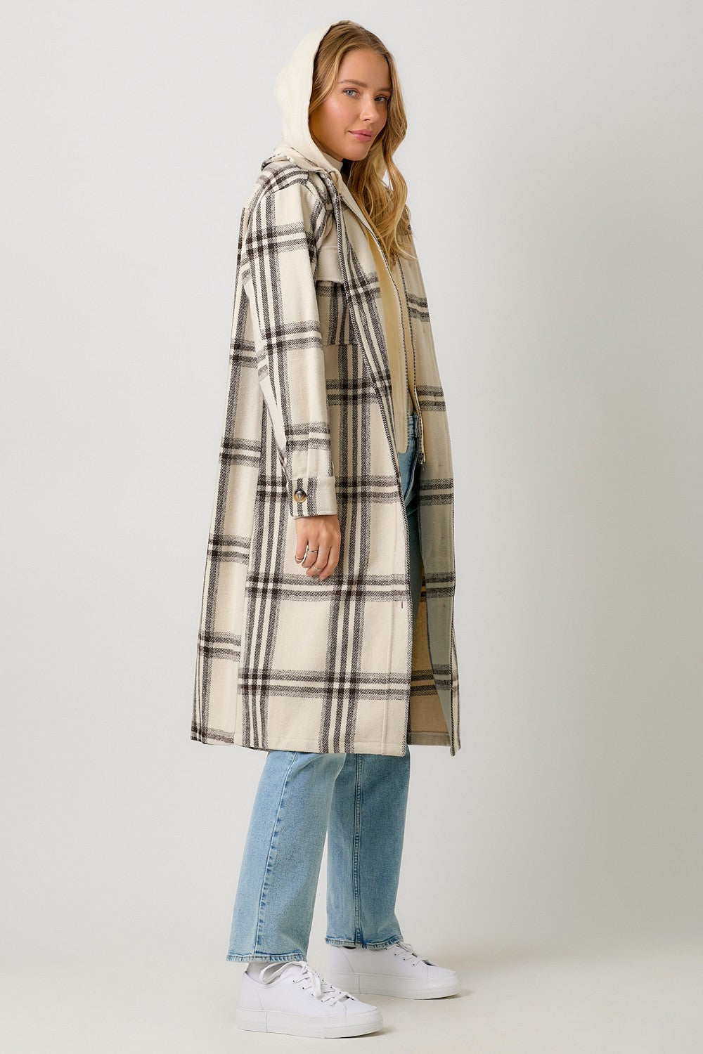 Twofer Hoodie Plaid Long Jacket