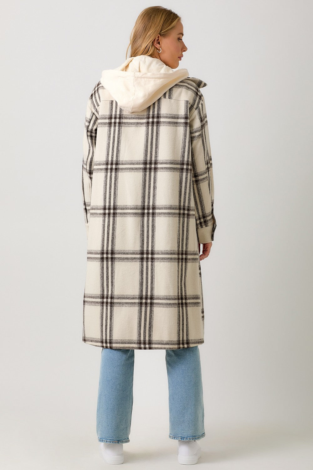 Twofer Hoodie Plaid Long Jacket