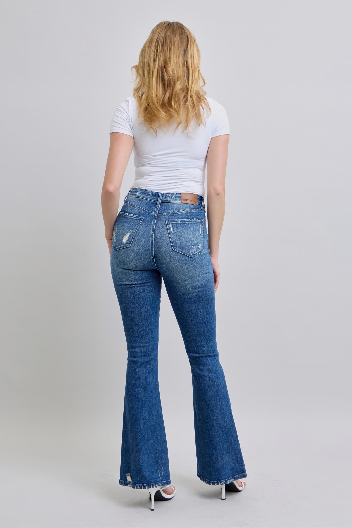 High Waisted Contrast Wash Destroy Flare Jeans