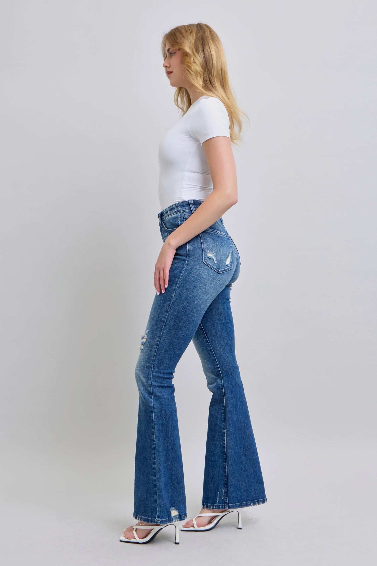 High Waisted Contrast Wash Destroy Flare Jeans