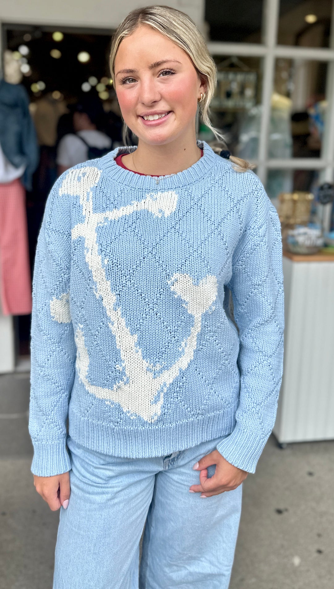 Anchor Intarsia Knit Sweater | Light Blue Coastal Crewneck
