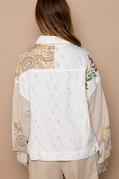 Contrast Thermal Sleeve Paisley Patch Button Down Shacket