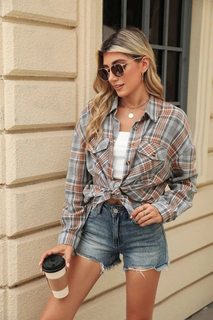 Long-Sleeved Plaid Shirt with Lapel Pocket