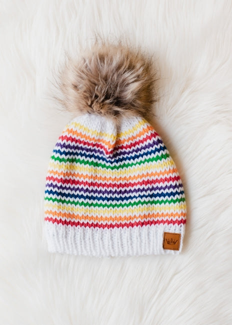 White & Rainbow Striped Pom Hat