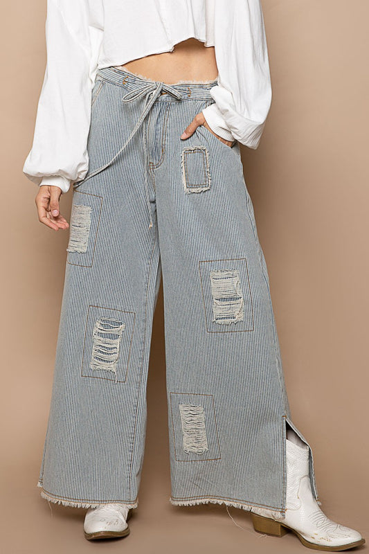 Distressed Striped Denim Wide Pant