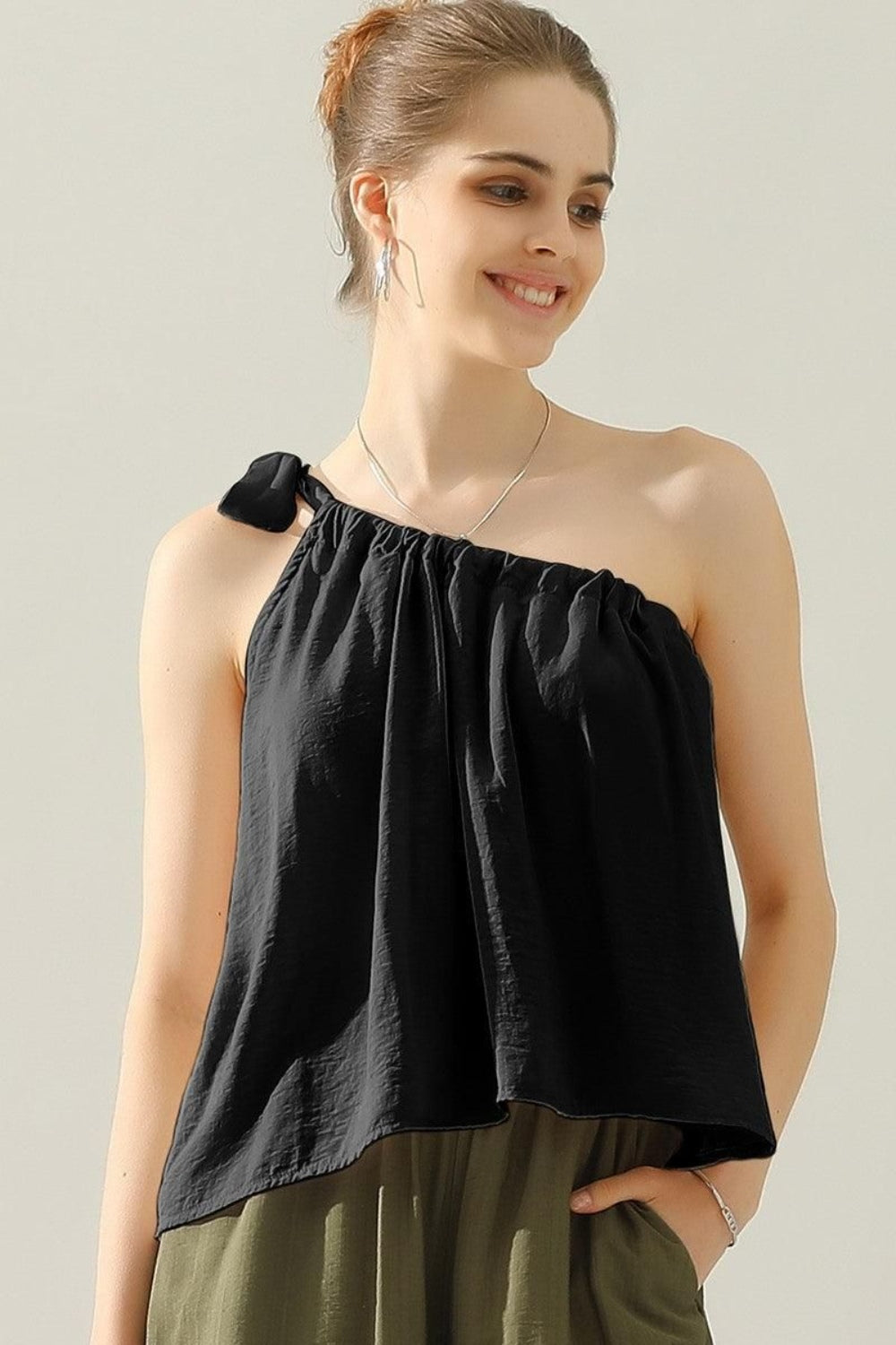 One Shoulder Bow Silk Top