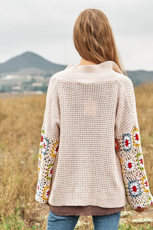 Crochet Floral Printed Knit Cardigan