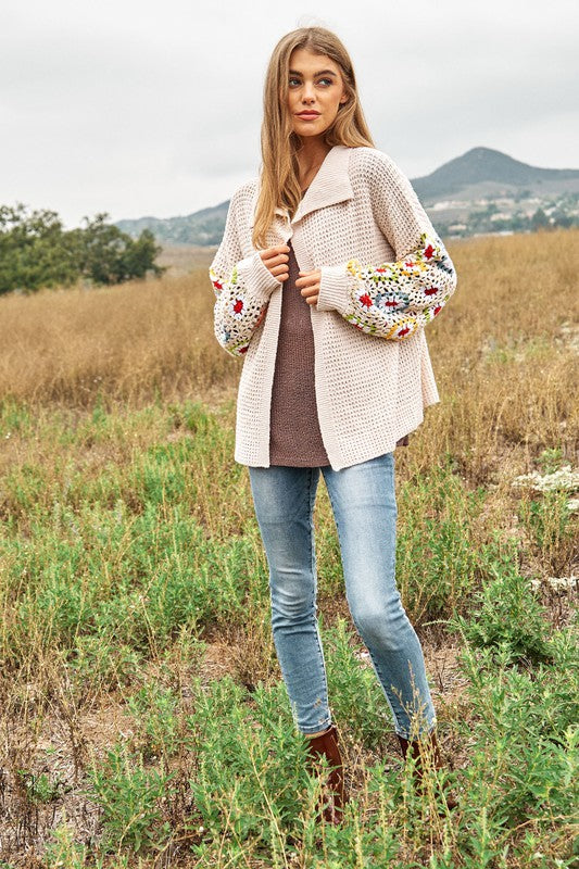 Crochet Floral Printed Knit Cardigan