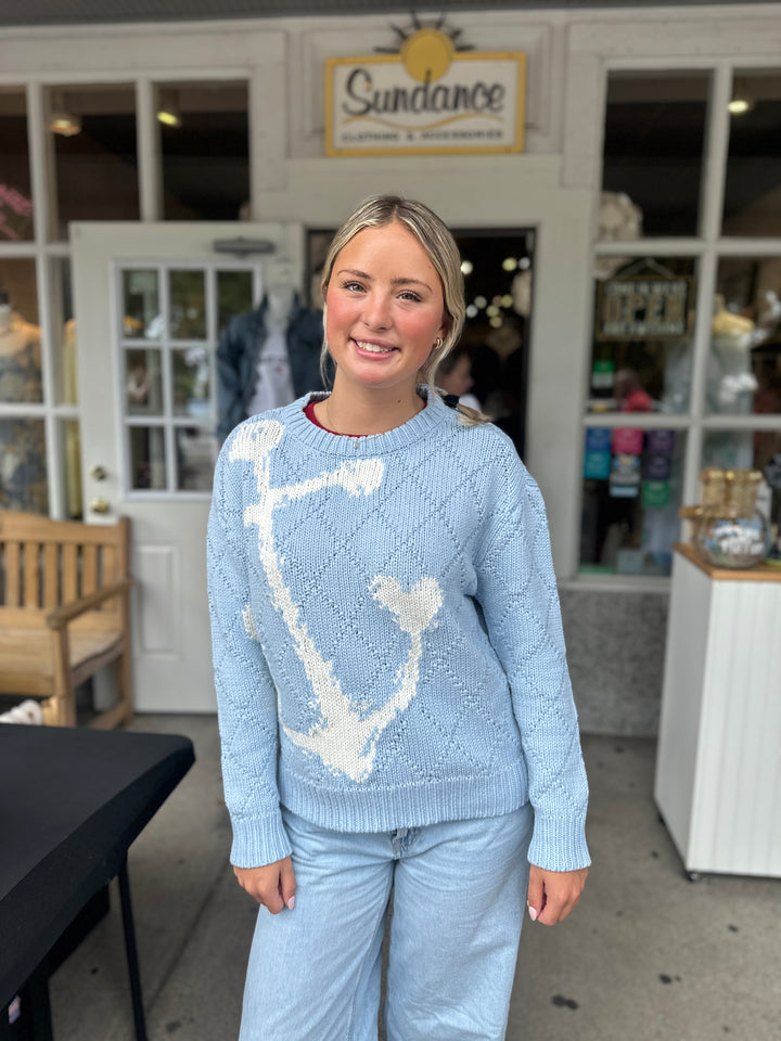 Anchor Intarsia Knit Sweater | Light Blue Coastal Crewneck