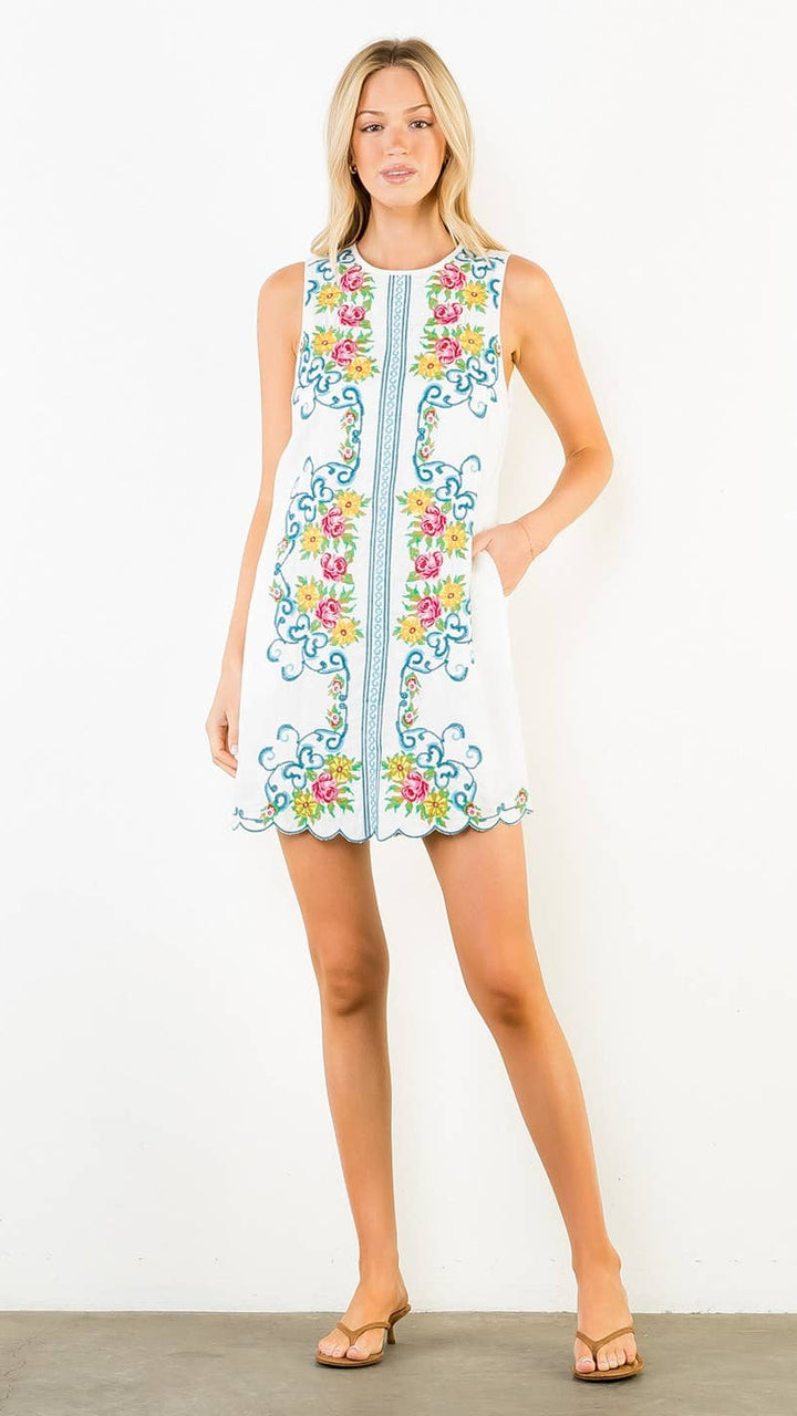 Embroidered Sleeveless Floral Dress | Ivory Linen Rayon