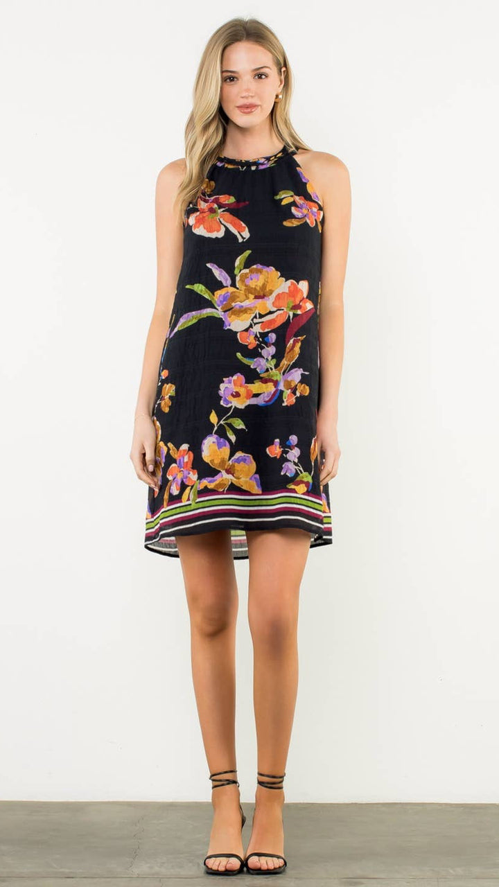 Sleeveless Floral Halter Dress | Black Rayon Nylon