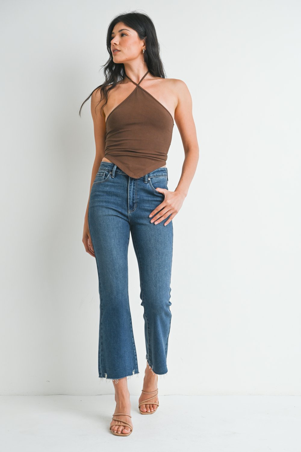 High Rise Crop Flare w/ Distressed Hem