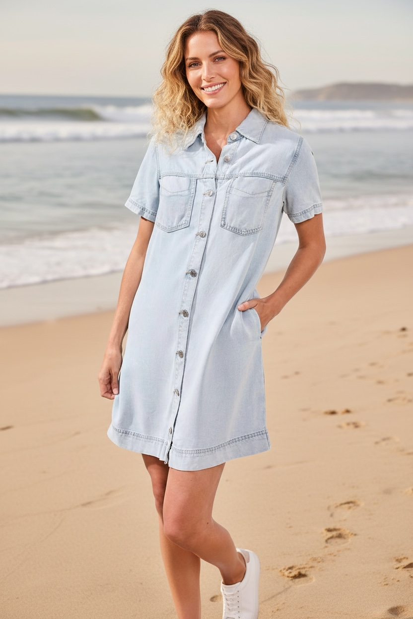 Button Front Tencel Denim Shift Dress L