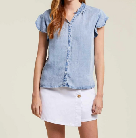 FRILL CAP SLEEVE BLOUSE WITH RUSHING
