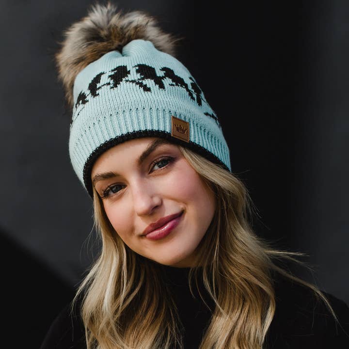 Lt. Blue & Charcoal Bird Pattern Pom Hat