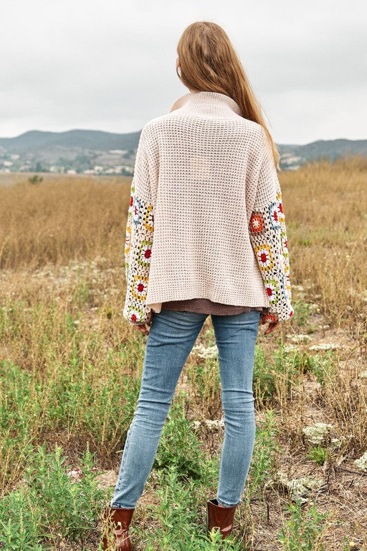 Crochet Floral Printed Knit Cardigan