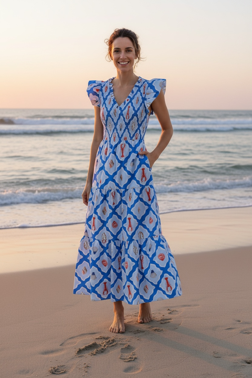 Coastal Print Smocked Tiered Maxi Dress Sundance Clothing Coastal Print Smocked Tiered Maxi Dress Sundance Clothing