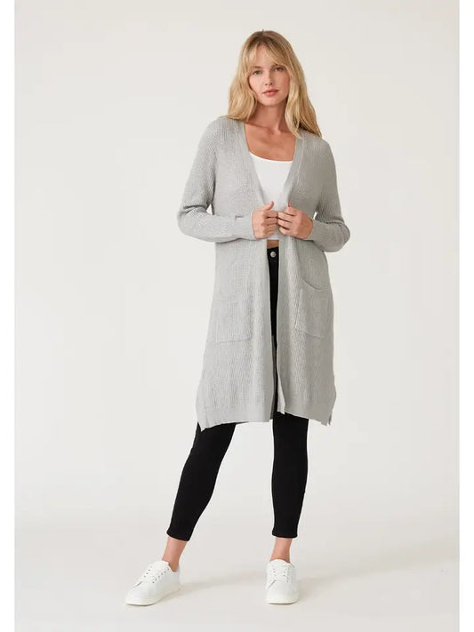 Rib-Knit Open Front Long Cardigan