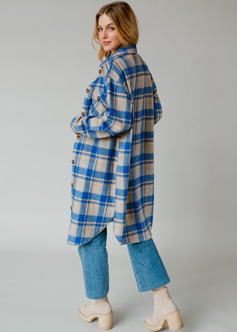 Royal Blue & Tan Plaid Long Flannel