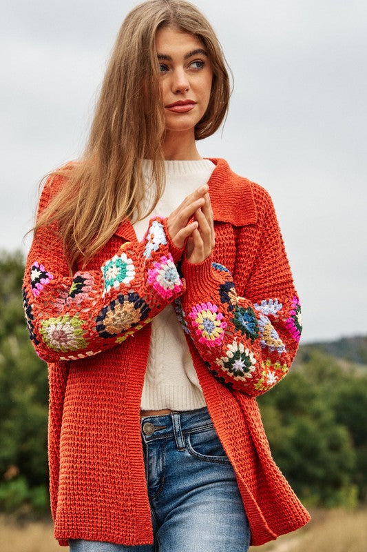 Crochet Floral Printed Knit Cardigan