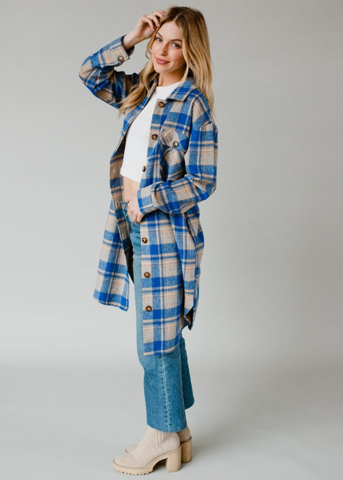 Royal Blue & Tan Plaid Long Flannel