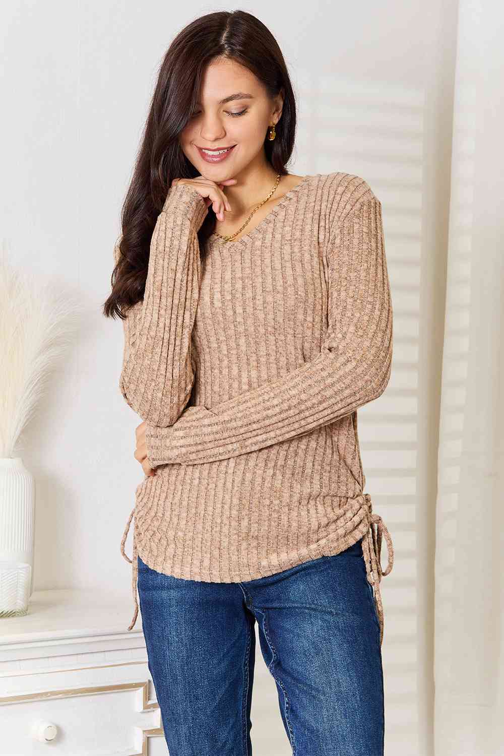 Drawstring Ribbed Long Sleeve Top