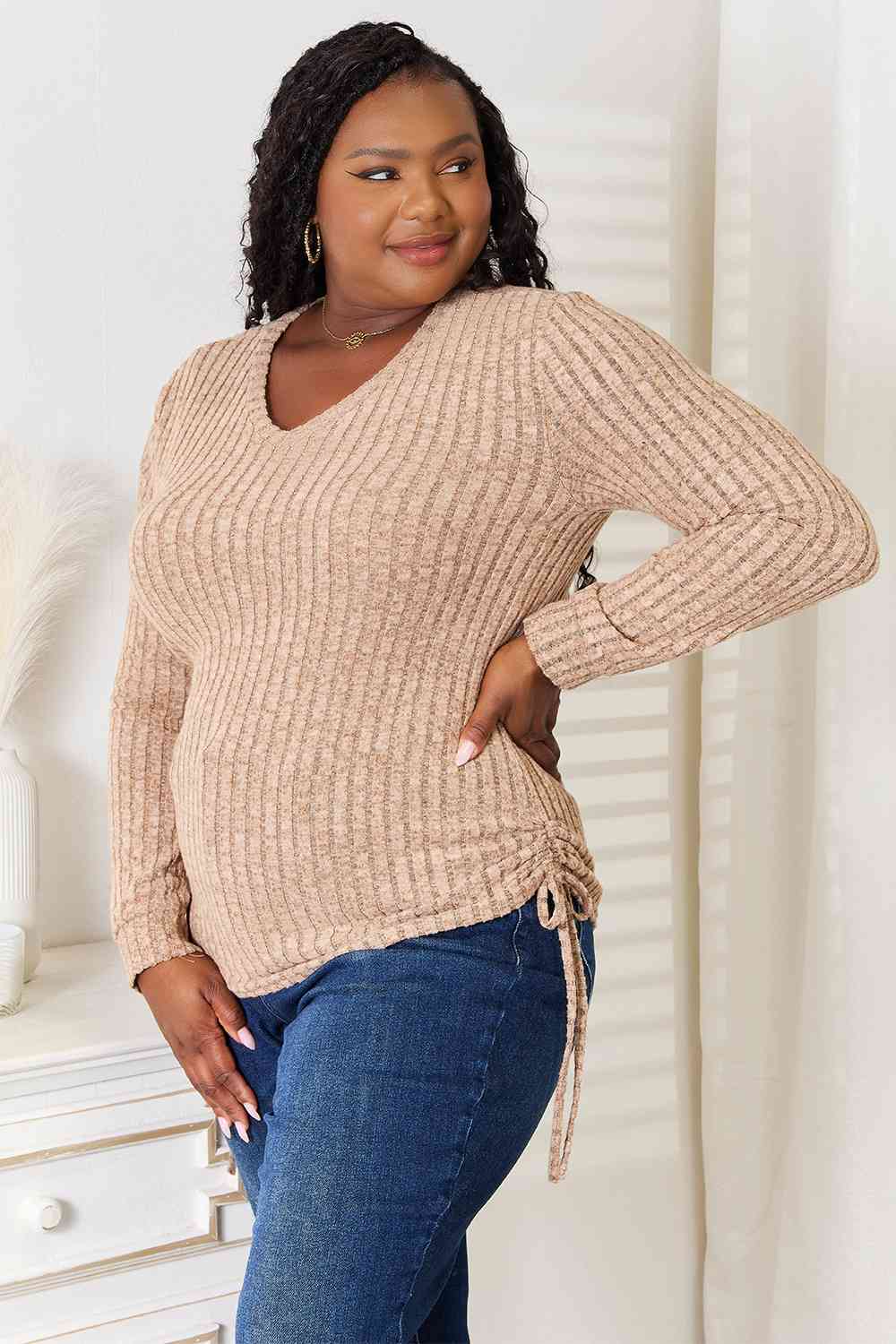 Drawstring Ribbed Long Sleeve Top