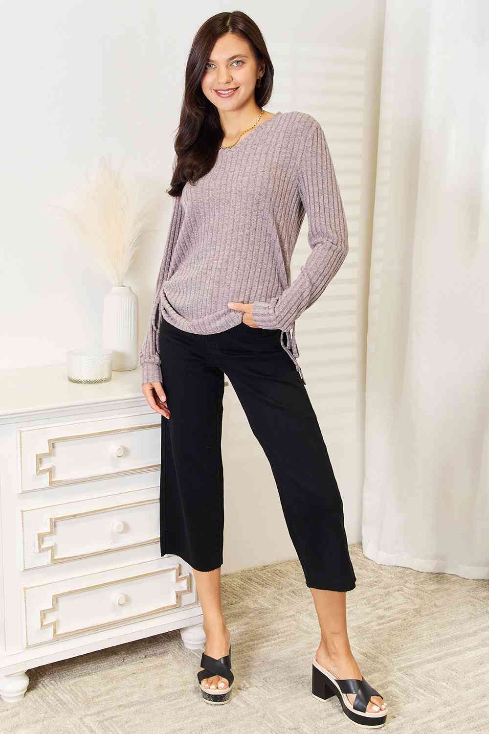 Drawstring Ribbed Long Sleeve Top