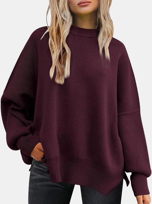 Drop Shoulder Slit Sweater