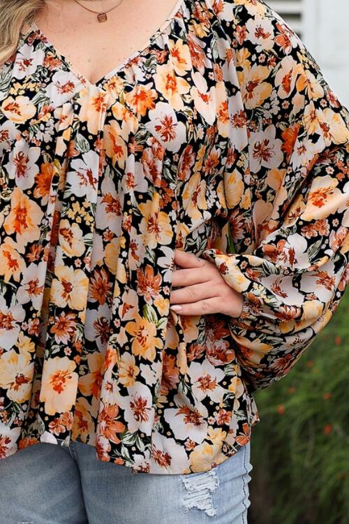 Floral V-Neck Balloon Sleeve Blouse (Plus Size!)