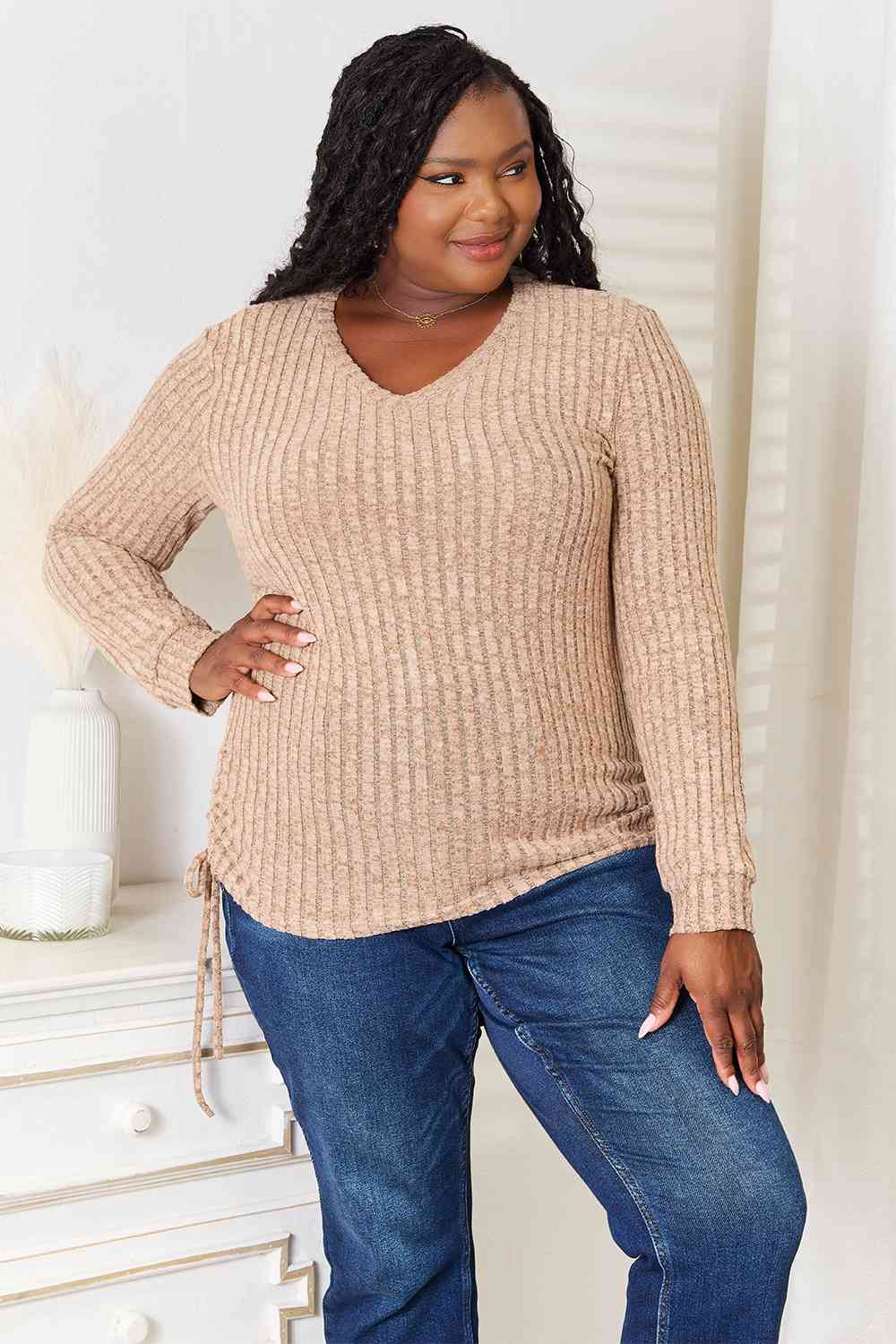 Drawstring Ribbed Long Sleeve Top