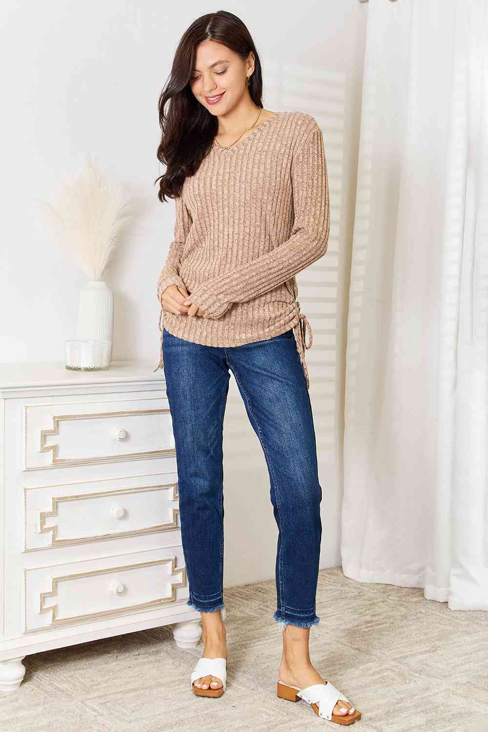 Drawstring Ribbed Long Sleeve Top